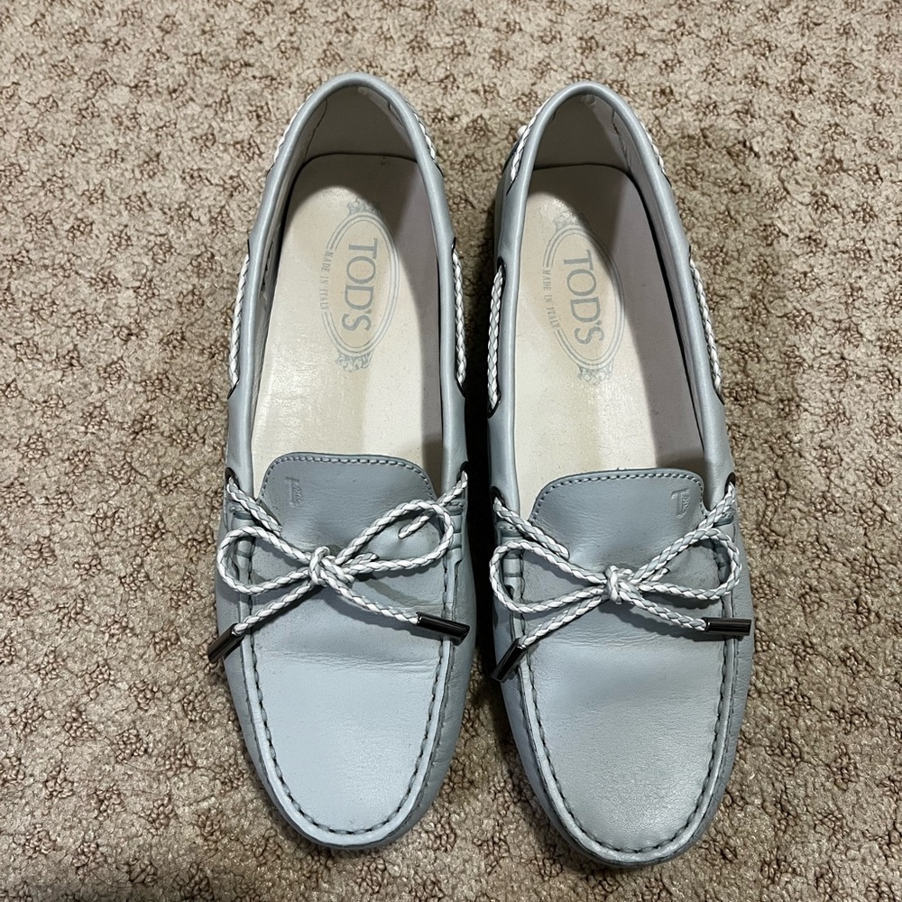 Tod's Women's Sky Blue Loafers with Bow Detail